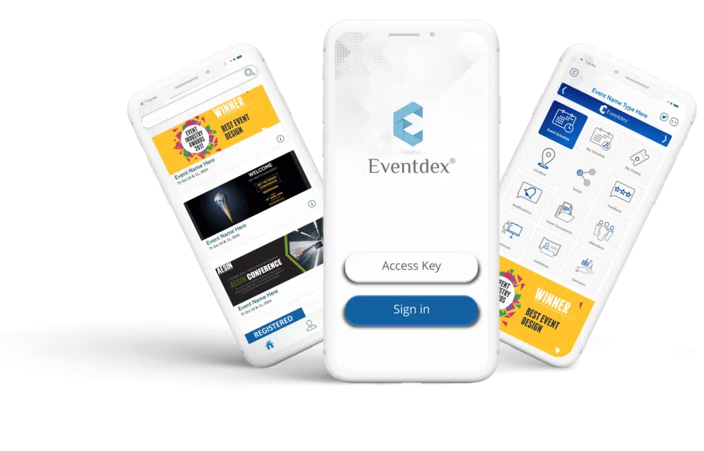 The Eventdex event app on three phones