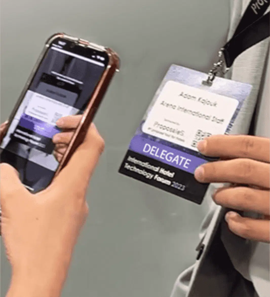 Exhibitors meeting at a trade show