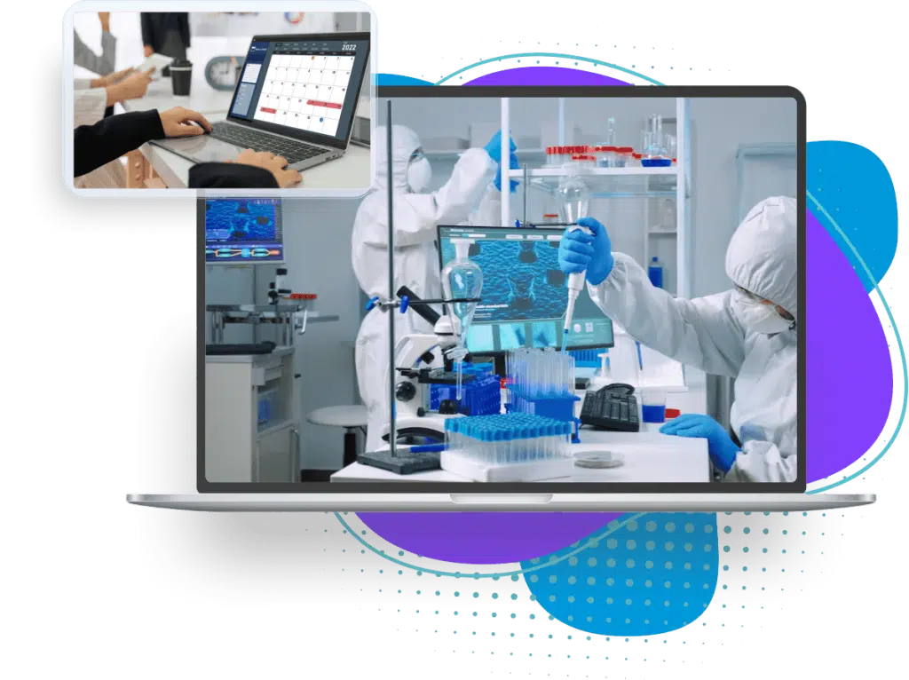 Laboratory scientists on a laptop running a pharmaceutical event